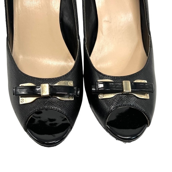 Marc Fisher Marsha Black Leather Peep Toe Platform Pumps with Bows - Picture 3 of 12